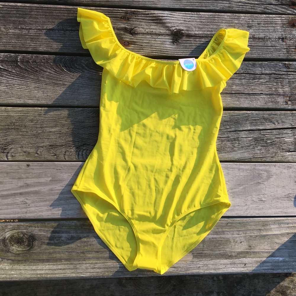 Asos Monki Ruffle Off shoulder yellow one piece swimsuit M medium - Picture 2 of 8